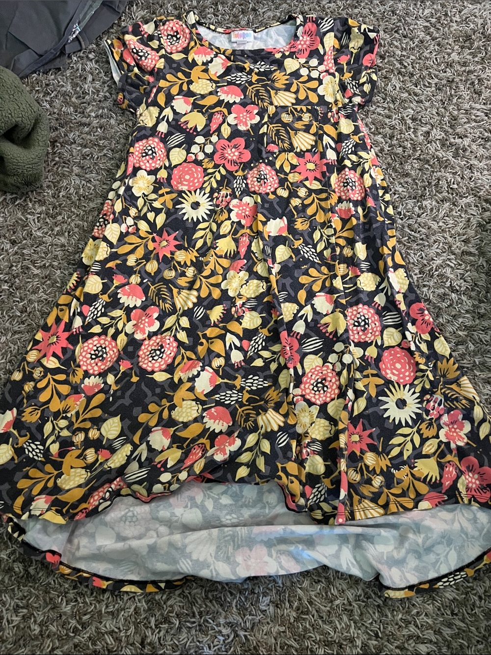 LuLaRoe Black Floral Top with Pink and Mustard Accents